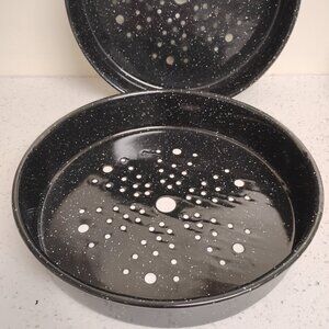 Set of 2 enamelware strainers steamer inserts black white speckled